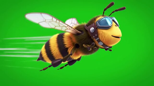 A cartoon bee wearing goggles flies fast on green background in a beehive cartoon scene