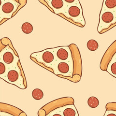 Seamless Pepperoni Pizza Slice Pattern in Cute Cartoon Style