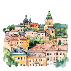 Fototapeta premium Lviv Old Town. Lviv Old Town watercolor vector illustration