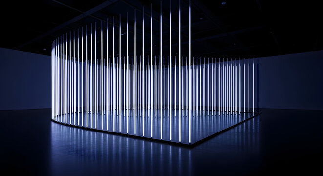 Immersive art installation with vertical blue neon lights creating a futuristic, captivating exhibition experience