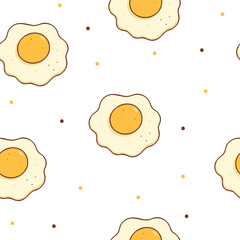 Seamless Fried Egg Pattern with Cute Cartoon Style on White Background
