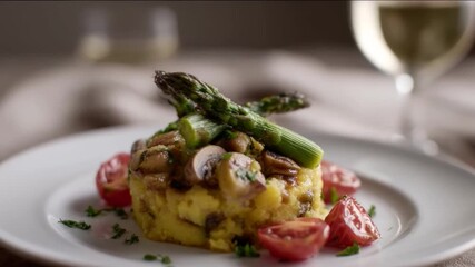 Elegant plate of gourmet food, creamy polenta topped with asparagus and mushrooms, sophisticated dining setting with soft lighting, perfect for special occasions