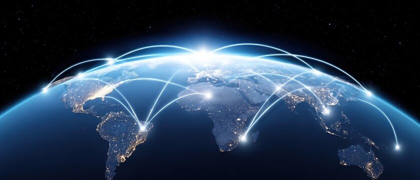 A digital representation of Earth highlighting global connectivity with illuminated pathways showing data or communication links between continents.