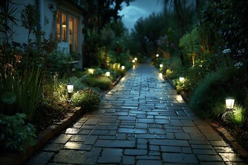 Garden pathway illuminated  glowing lantern lights high resolution picture
