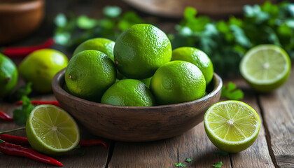 AI generator image of Green Lime ,Fresh limes and green leaves on wooden table, Plate of vibrant fresh limes with one sliced in half top view 
