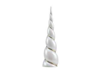 A stylized, pearly white unicorn horn, spiraled and detailed with gold accents, stands tall against a black background.