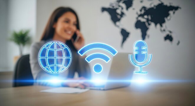 Businesswoman connects globally with digital tech icons and laptop