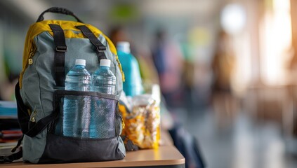 Gray and yellow backpack with water bottles on a desk.