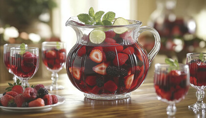 AI generator image of Cool drink compote of various berries , strawberry in a glass jug on a concrete background summer refreshing drinks, jug of juice and fruit juice decorated with freshness