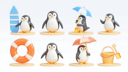 Cute penguins with beach accessories, including a surfboard, lifebuoy, umbrella, and bucket.