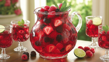 AI generator image of Cool drink compote of various berries , strawberry in a glass jug on a concrete background summer refreshing drinks, jug of juice and fruit juice decorated with freshness