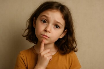 Fototapeta premium Portrait of a thoughtful child with finger resting on chin, deep in contemplation and curiosity about the world around her