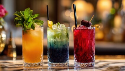 Three colorful cocktails lined up on a bar