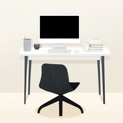 Desk with computer on it chair mug electronics.