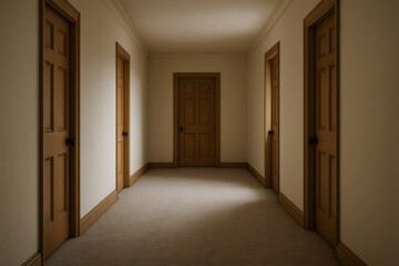 Soft light illuminating an empty hallway featuring multiple wooden doors, creating a quiet and serene atmosphere