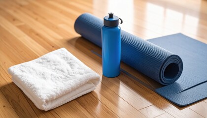 Bottle water blue yoga mat towel fitness hydration workout indoor floor essentials highlight a minimal and modern fitness setup designed for sustained healthy training and hydration balance.