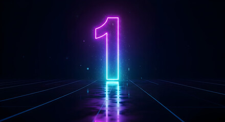 Stunning neon number one glows in vibrant purple and blue, symbolizing achievement and success