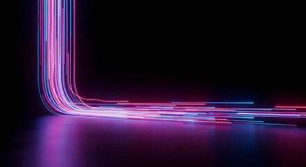 Dynamic glowing neon light streaks flow forward in abstract dark space, vibrant energy concept