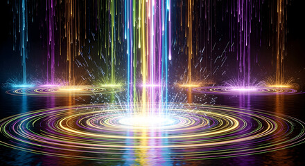 Vibrant energy streams erupting in colorful light trails and sparks, creating mesmerizing circular patterns