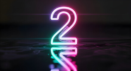 Vibrant neon number 2 glows with pink and teal light on reflective dark surface