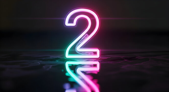 Vibrant neon number 2 glows with pink and teal light on reflective dark surface - Powered by Adobe