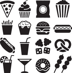 Variety of fast food and snack icons in black silhouette snacks pizza