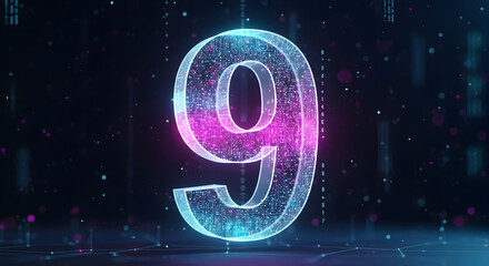 Stunning glowing digital number nine formed by circuits and binary code, futuristic technology concept