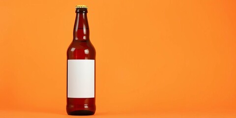 Amber glass beer bottle, blank white label, peach background, angled, shadow, angle