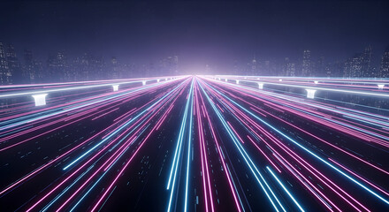 Experience the future of transportation with vibrant neon light trails on a highway leading to a dazzling cityscape