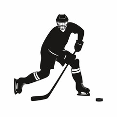 Fototapeta premium Hockey silhouette. This image shows a black silhouette of a hockey player in action, skating with a stick and puck. Vector clipart illustration design.