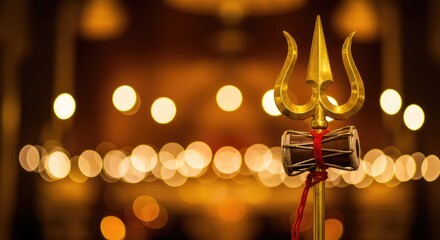 Golden Trishul Damru Traditional Symbol Against Blurred Lights Religious Decoration