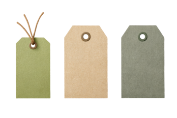 Three blank paper tags, light green, beige, and muted gray, with brown twine loops and small buttonholes
