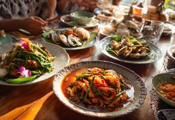 Aromatic Thai Feast - Seafood and Vegetable Dishes.