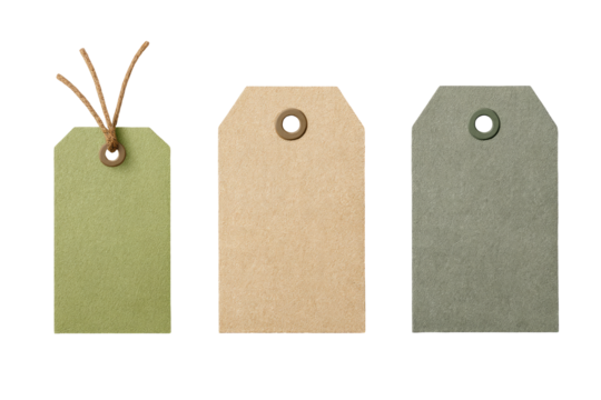 Three blank paper tags, light green, beige, and muted gray, with brown twine loops and small buttonholes