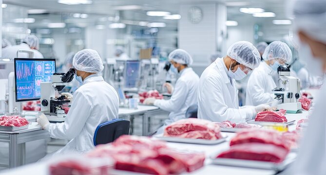 Scientists in a modern laboratory inspecting raw meat quality.