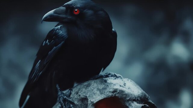 Mysterious raven perched on skull dramatic dark lighting