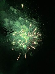 Fototapeta premium Spectacular Green Fireworks Over a Vibrant City at Night, Colorful Explosions Lighting Up the Sky
