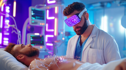 AI generator images of Medical Hologram: Doctors carefully analyze brain scans displayed on a computer screen. Doctors use AI computer tools to diagnose a patient's illness Healthcare Technology, Med