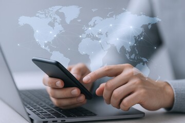 Global Connectivity: Person Using Smartphone with World Map Overlay for International Business and Communication