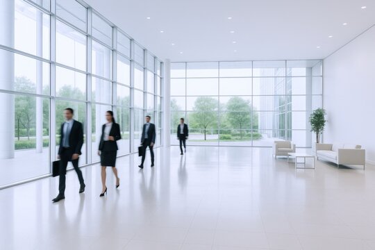 Corporate Professionals Walking in Modern Office Lobby with Natural Light and Contemporary Design Elements