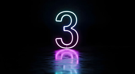 Illuminated neon number three reflecting on wet surface with glowing vibrant light