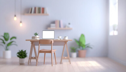 Desk with scattered plants gives off warm, inviting feeling. Bright light warms home, inspiring creativity for work done here
