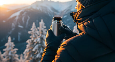 Fototapeta premium Man enjoying hot drink in mountains at sunrise time