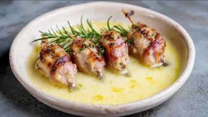 Four bacon-wrapped quail legs rest in creamy sauce, savory elegance meets rustic charm, gourmet appetizer perfect for special occasions or holiday feasts