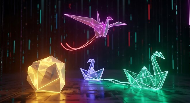 Neon origami sculptures of swan, bird and geometric shape on dark background - Powered by Adobe