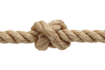 Close-up of a thick, light beige rope with a tight knot in the center. The rope extends horizontally across the image