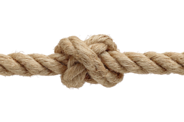 Close-up of a thick, light beige rope with a tight knot in the center. The rope extends horizontally across the image