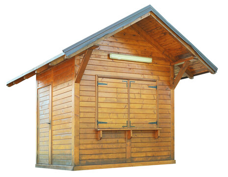Wooden shed stall market stand or log cabin house isolated on white background. Object made of wood for selling stock