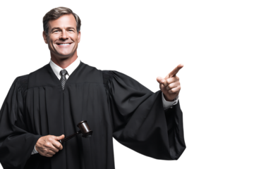 Judge with gavel, pointing right, makes a legal decision.