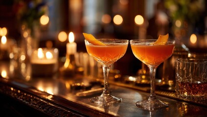 Two cocktails on a bar, lit by candles
